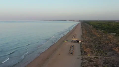 Aerial view of Los Enebrales beach in Punta Umbria, Spain Stock Footage 200213201