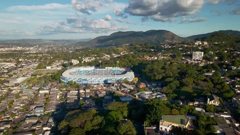 Aerial View Of Los Proceres Boulevard and Estadio Cuscatlan in San Salvador Stock Footage 147140106