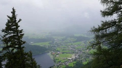 Aerial view from Loser peak over Altausseer See lake and Altausse village in Stock Footage 73127030