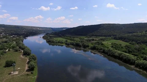 Aerial view. Low flight over fresh cold river at sunny summer morning. Stock Footage 82070501