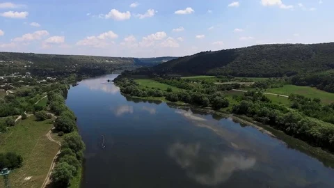 Aerial view. Low flight over fresh river at sunny summer morning. Stock Footage 82139274