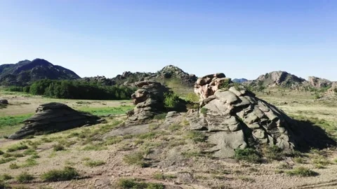 Aerial view. Low flight over picturesque rocks and plains in Bayanaul. Stock Footage 142247160
