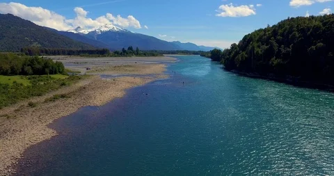 Aerial view at low height of the river Puelo Stock Footage 96765006