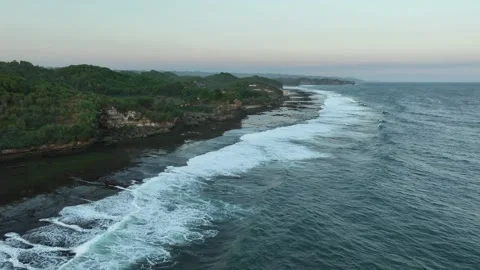 Aerial View of Low tide Beach and Sea with Rocks in Jogja, Indonesia. Stock Footage 244972838