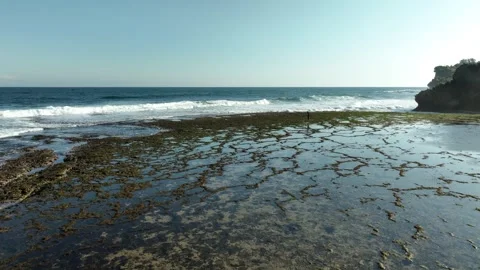 Aerial View of Low tide Beach and Sea with Rocks in Jogja, Indonesia. Stock Footage 244973528