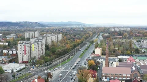 Aerial view of a low-traffic multi-lane road in Budapest, Hungary. Stock Footage 144327874