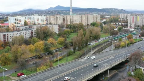Aerial view of a low-traffic multi-lane road in Budapest, Hungary. Stock Footage 144328376