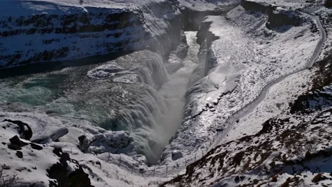 Aerial view of lower cascade of Gullfoss waterfall, Iceland in winter Stock Footage 154160340