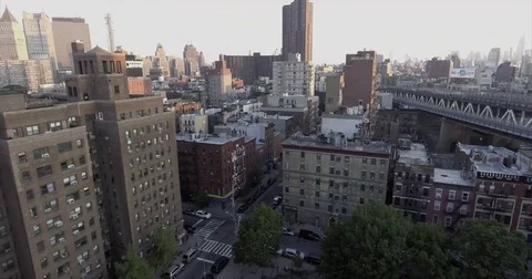 Aerial view of the Lower East Side and Manhattan streets. New York City. New Stock Footage 77805404