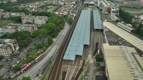 Aerial view of LRT Train Station with tracks and platforms Stockbeeldmateriaal 337332125