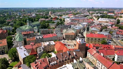 Aerial view of Lublin old town with Krakw Gate,  Poland Stock Footage 337300907