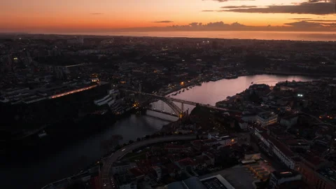 Aerial view Luis 1 bridge Porto Portugal sunset timelapse Stock Footage 257773498