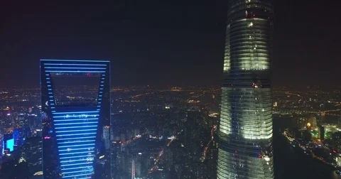 Aerial  view of Lujiazui in night, shanghai - China.Taken by drone Stock Footage