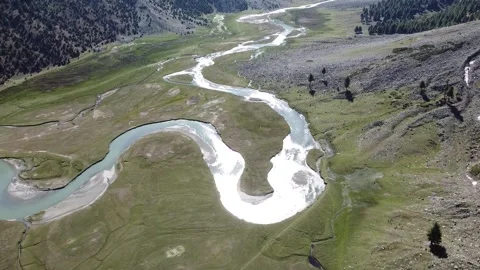 Aerial view of lush and pristine Allah Wali Lake, Astore Valley Stock Footage 280307462