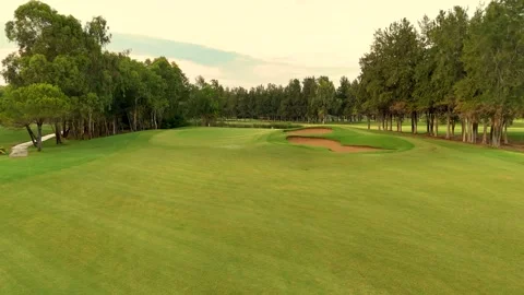 Aerial view of a lush golf course surrounded by trees at sunset Stock Footage 302279691