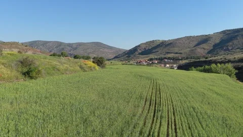 Aerial view of lush green fields and farmland surrounded by rolling hills near Stock Footage 346714890