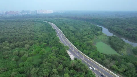 Aerial view of lush green landscape with water body and cars moving on the road Stock Footage 246972653