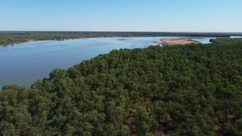 Aerial view of lush riverside forest and wide Syr Darya river with sandy islands Vidéo 334624906