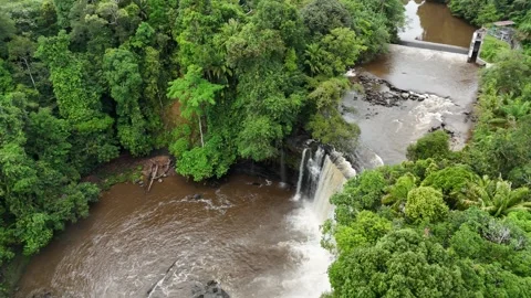 Aerial view of a lush waterfall cascading through dense green forest. Stock Footage 337990968