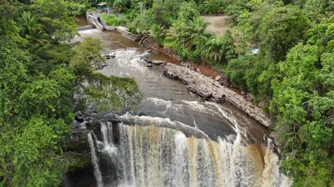 Aerial view of a lush waterfall cascading through dense green forest. Stock Footage 337991530