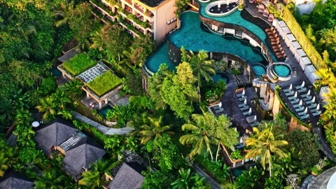 Aerial view of luxury resort with infinity pools in Bali, Indonesia. Stock Footage 340776373
