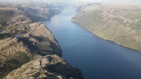 Aerial view of Lysefjord between steep cliffs Stock Footage 345167380