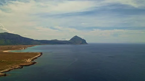 Aerial view of Macari beach and Mount Cofano. Sicily Italy Stock Footage 247672158