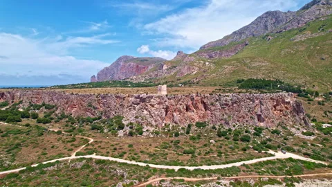 Aerial view of Macari beach and the Isulidda tower. Sicily Italy Stock Footage 247672940