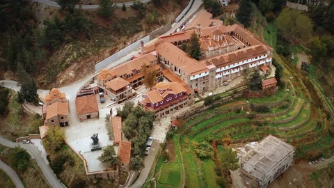 Aerial view of Machairas Monastery in Cyprus Mountains. Beautiful view of old Stock Footage 123647668