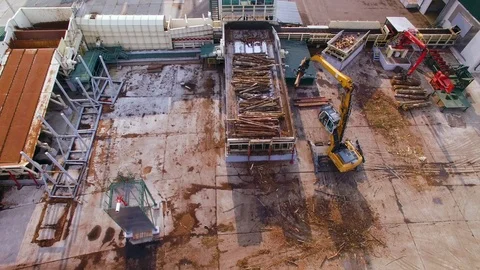 Aerial view. Machine or loader loads logs or timber on conveyor. Wood processing Stock Footage 95670401