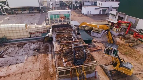Aerial view. Machine or loader loads logs or timber on conveyor. Wood processing Stock Footage 95672205