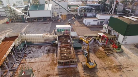 Aerial view. Machine or loader loads logs or timber on conveyor. Wood processing Stock Footage 95674976