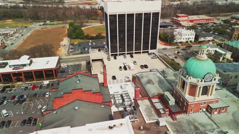 Aerial View of Macon Clock Tower and Downtown Rooftops Stock Footage 347908346
