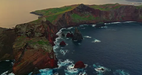 Aerial view Madeira island. The sharp rock in ocean and scenic mountains 库存影片 265111323