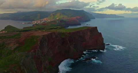 Aerial view Madeira island. The sharp rock in ocean and scenic mountains 库存影片 266887468