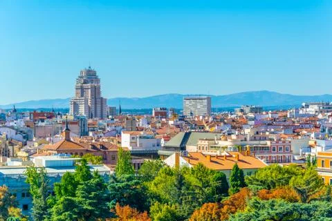 Aerial view of Madrid dominated by Edificio de Espana building, Spain. Fotos de archivo