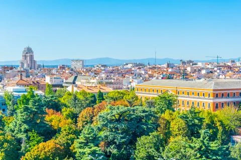 Aerial view of Madrid dominated by Edificio de Espana building, Spain. Fotos de archivo
