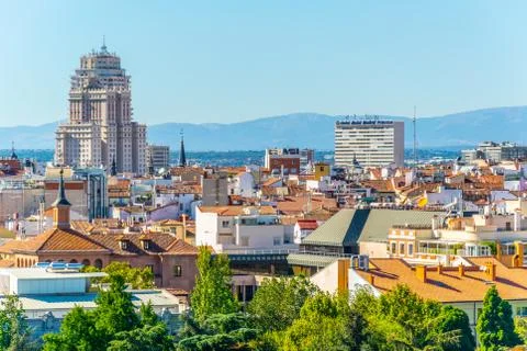 Aerial view of Madrid dominated by Edificio de Espana building, Spain. Stock Photos