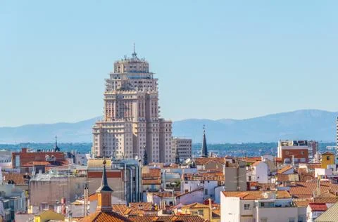 Aerial view of Madrid dominated by Edificio de Espana building, Spain. Fotos de archivo