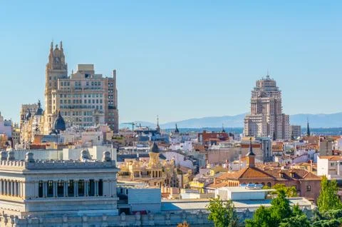 Aerial view of Madrid dominated by Edificio de Espana building, Spain. Fotos de archivo