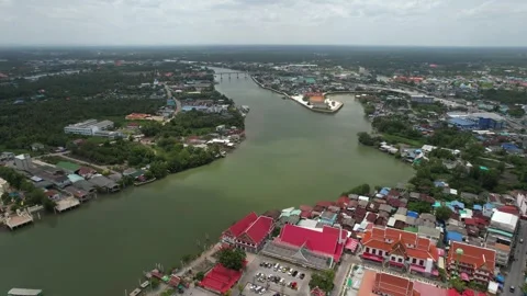Aerial view of Mae Klong River in Samut Songkhram Thailand Stock Footage 266662320