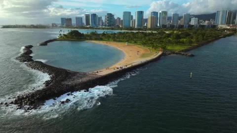 Aerial view of Magic Island and Ala Moana Beach Park in Honolulu Hawaii 3 Stock Footage 346427824