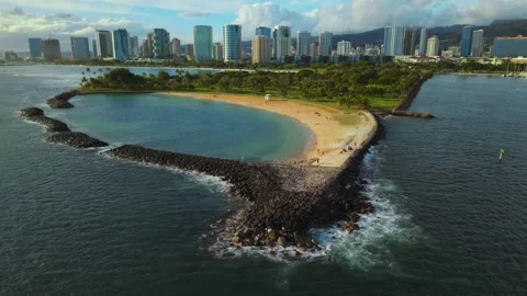 Aerial view of Magic Island and Ala Moana Beach Park in Honolulu Hawaii 2 Stock Footage 346427835