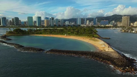 Aerial view of Magic Island and Ala Moana Beach Park in Honolulu Hawaii 1 Stock Footage 346427875