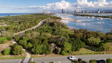 Aerial View of Main Beach and Surfers Paradise Skyline Stock-Footage 342574125