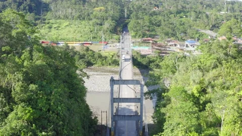 Aerial view of the main bridge to enter the Napo province in Ecuador Stock Footage 146343725