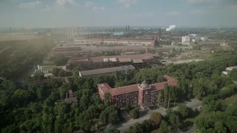 Aerial view of the main building of the big plant Zaporozhstal 4K Stock Footage 204976644