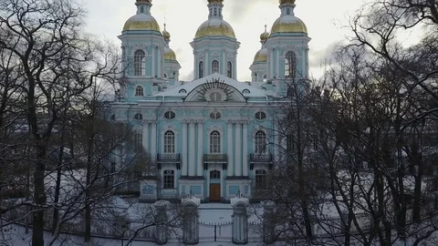Aerial View: Main Facade of St.Nicholas Naval Cathedral in winter, St.Petersburg Stock Footage 71104058