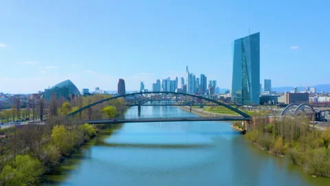 Aerial View of Main River, Osthafen Bridge and ECB Tower, Frankfurt, Germany 스톡 동영상 342956897