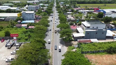 Aerial view of the main road in the warehouse area in Banjarmasin Stock Footage 322081283